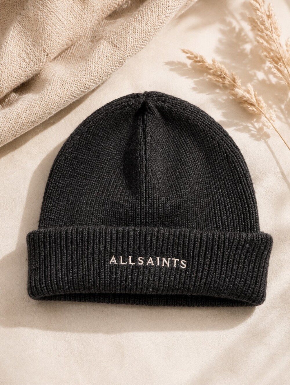 All Saints Charcoal Ribbed Knit Beanie with Embroidered Logo